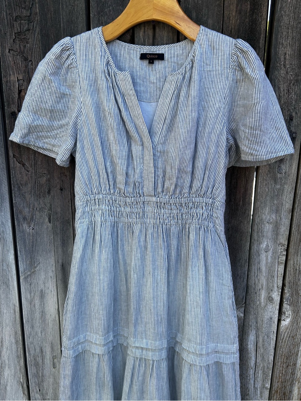 Quince Linen Tiered Maxi Dress Blue Pinstripe S - Picture 3 of 16